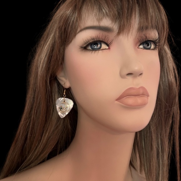 Hand Crafted Earrings Repurposed Guitar Picks Man in the Moon Starry Night NIP - Picture 6 of 9